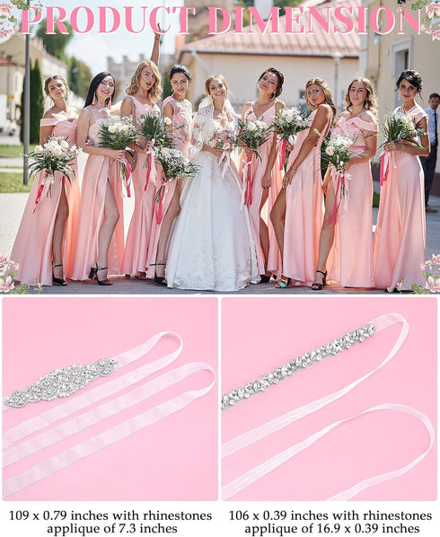 SATINIOR 2 Pieces Rhinestone Bridal Wedding Dress Sash Belt Crystal Diamond Ribbon Wedding Belts for Bridesmaid Wedding Dress (White)...